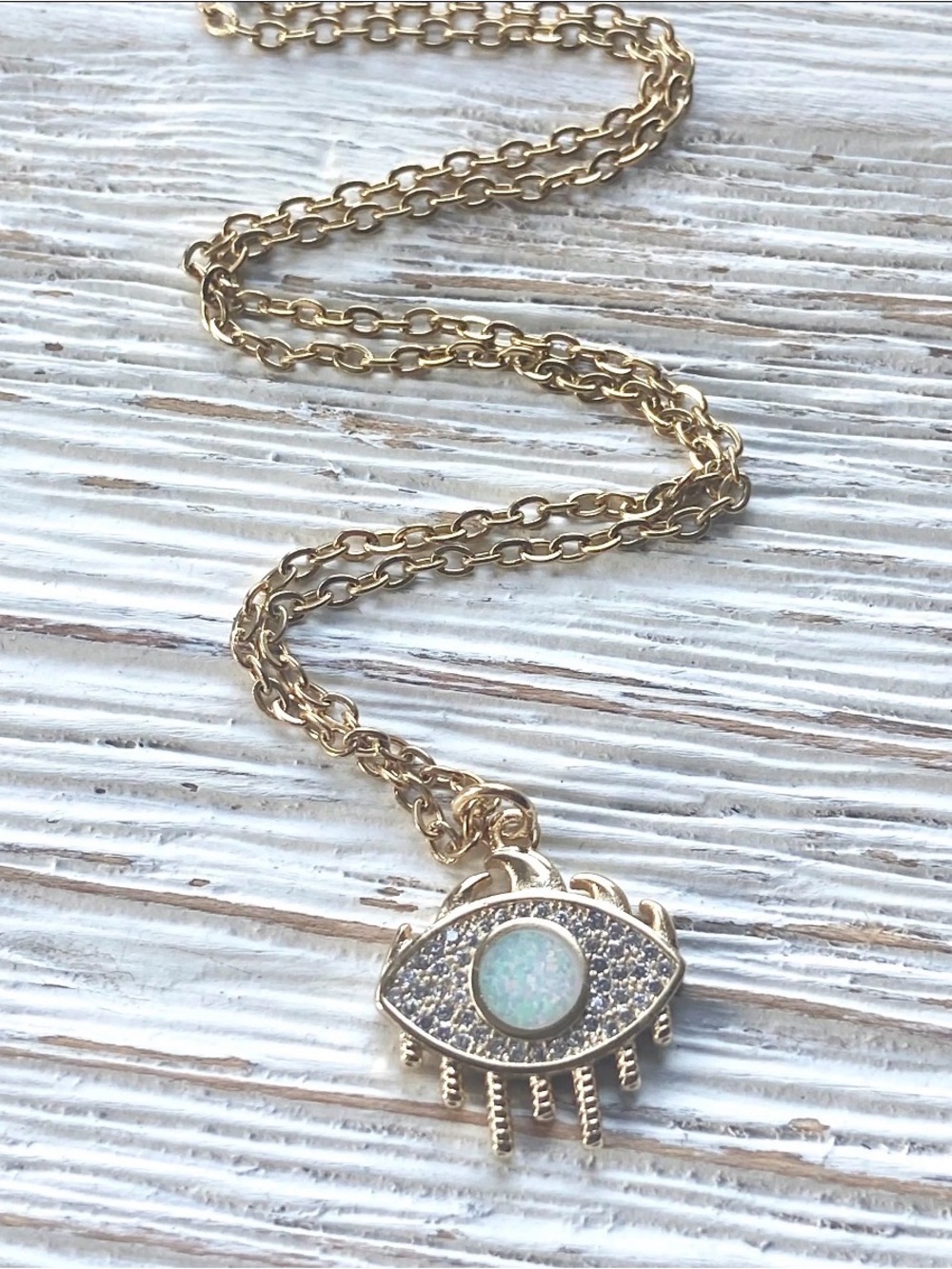 Gold Toned Opal Evil Eye of Protection Pendant Necklace with Pave Crystals